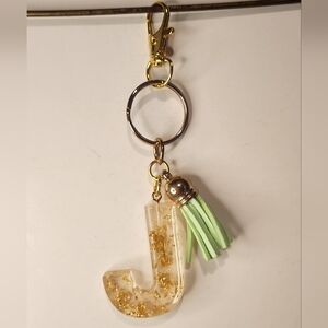 4 1/2” Handmade Letter “J” Resin Gold Leaf Tassel Keychain